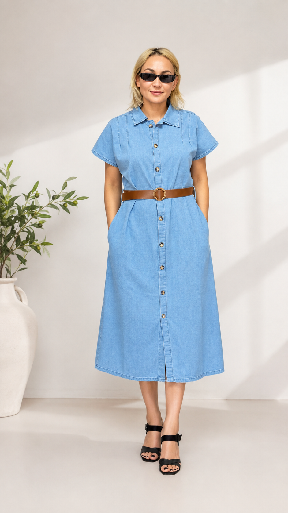 Kemerli denim elbise